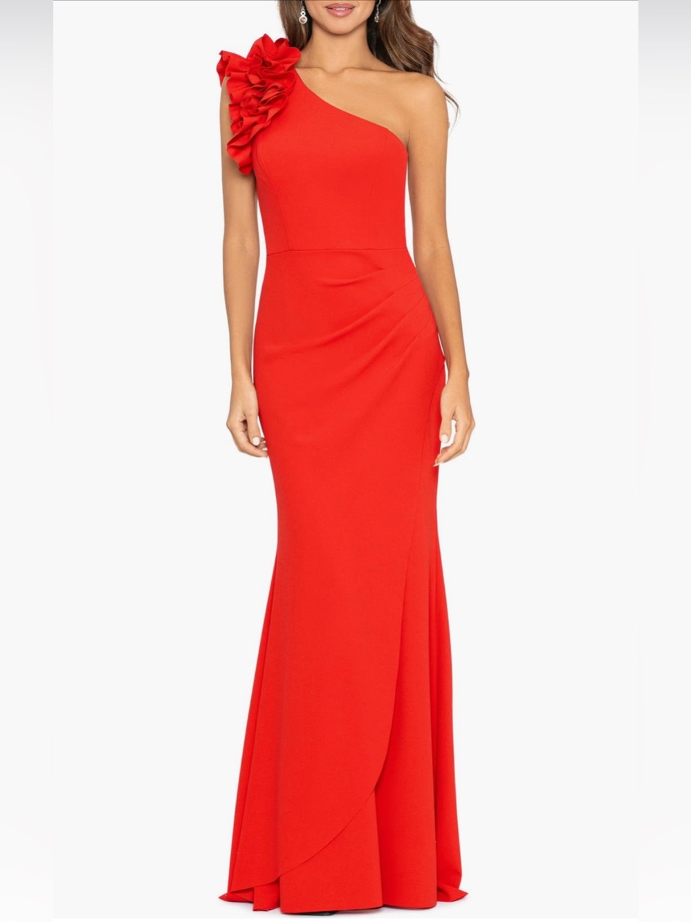 Xscape One-Shoulder Red Ruffled Evening Gown